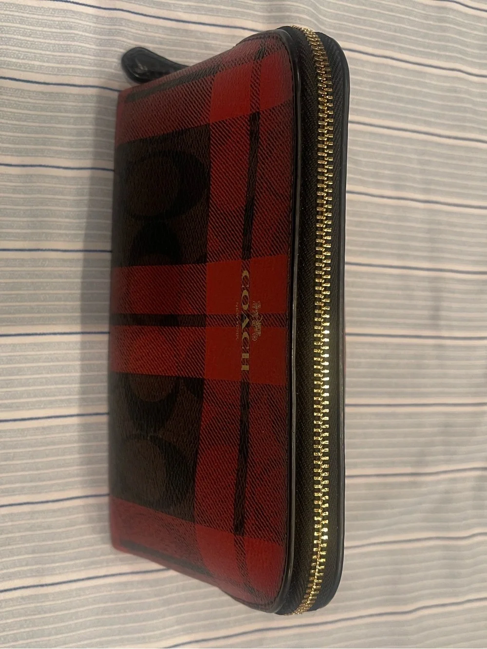 Coach Red and Black Plaid Make up Pouch with Gold Logo
